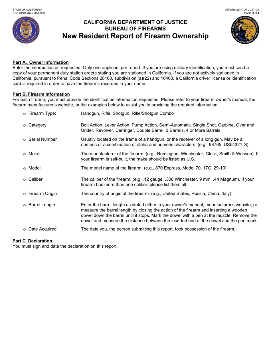 Form BOF4010A New Resident Report of Firearm Ownership - California, Page 3