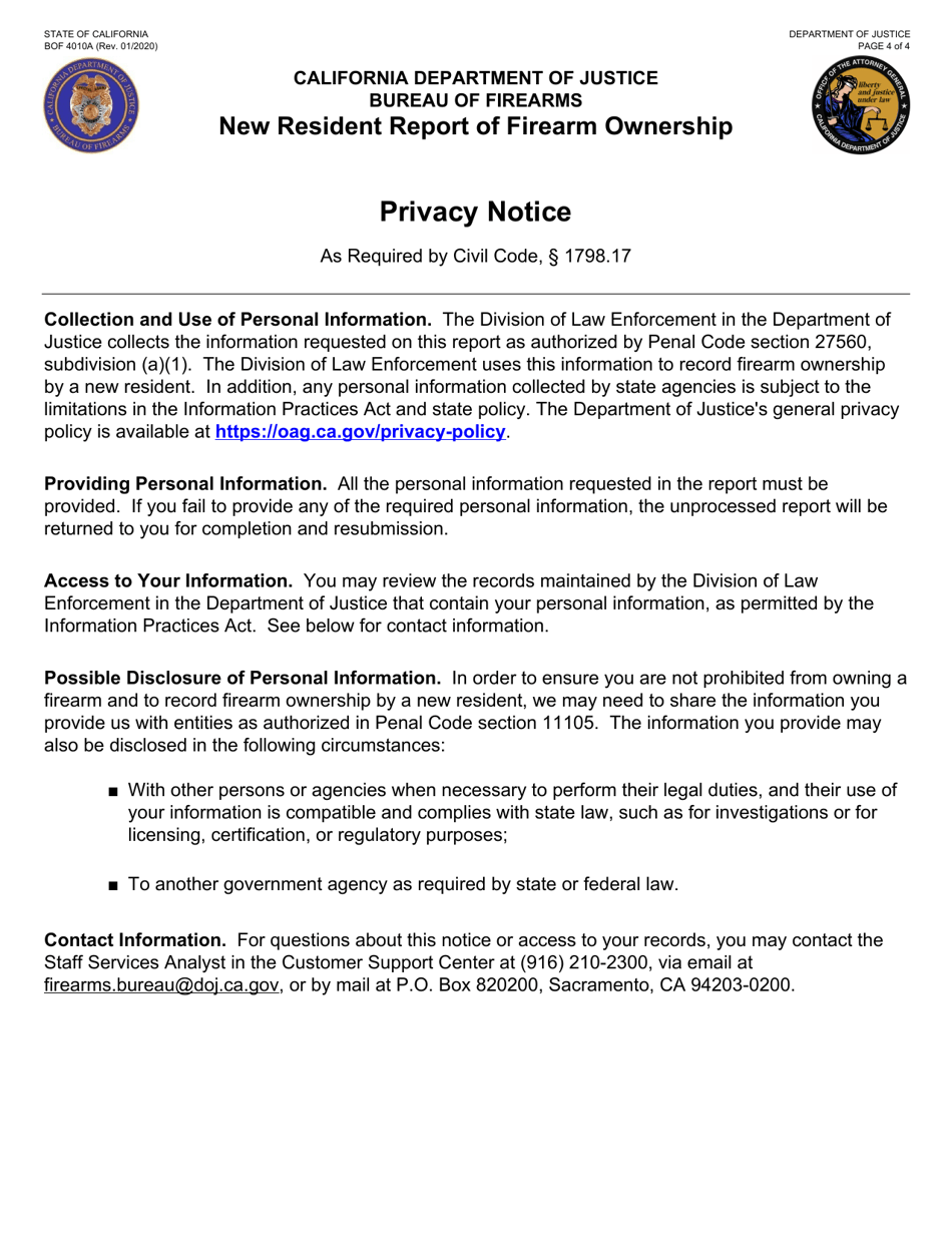 Form BOF4010A New Resident Report of Firearm Ownership - California, Page 4
