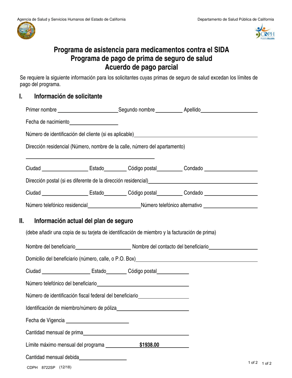 Formulario CDPH8722 SP Programa De Asistencia Para Medicamentos Contra El Sida Programa De Pago De Prima De Seguro De Salud Acuerdo De Pago Parcial - California (Spanish), Page 1