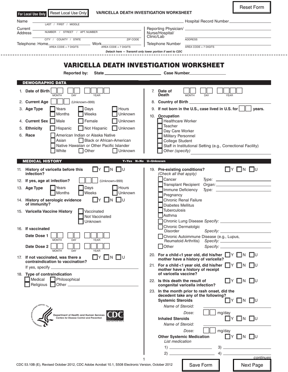 Form CDC53.10B (E) Varicella Death Investigation Worksheet, Page 1