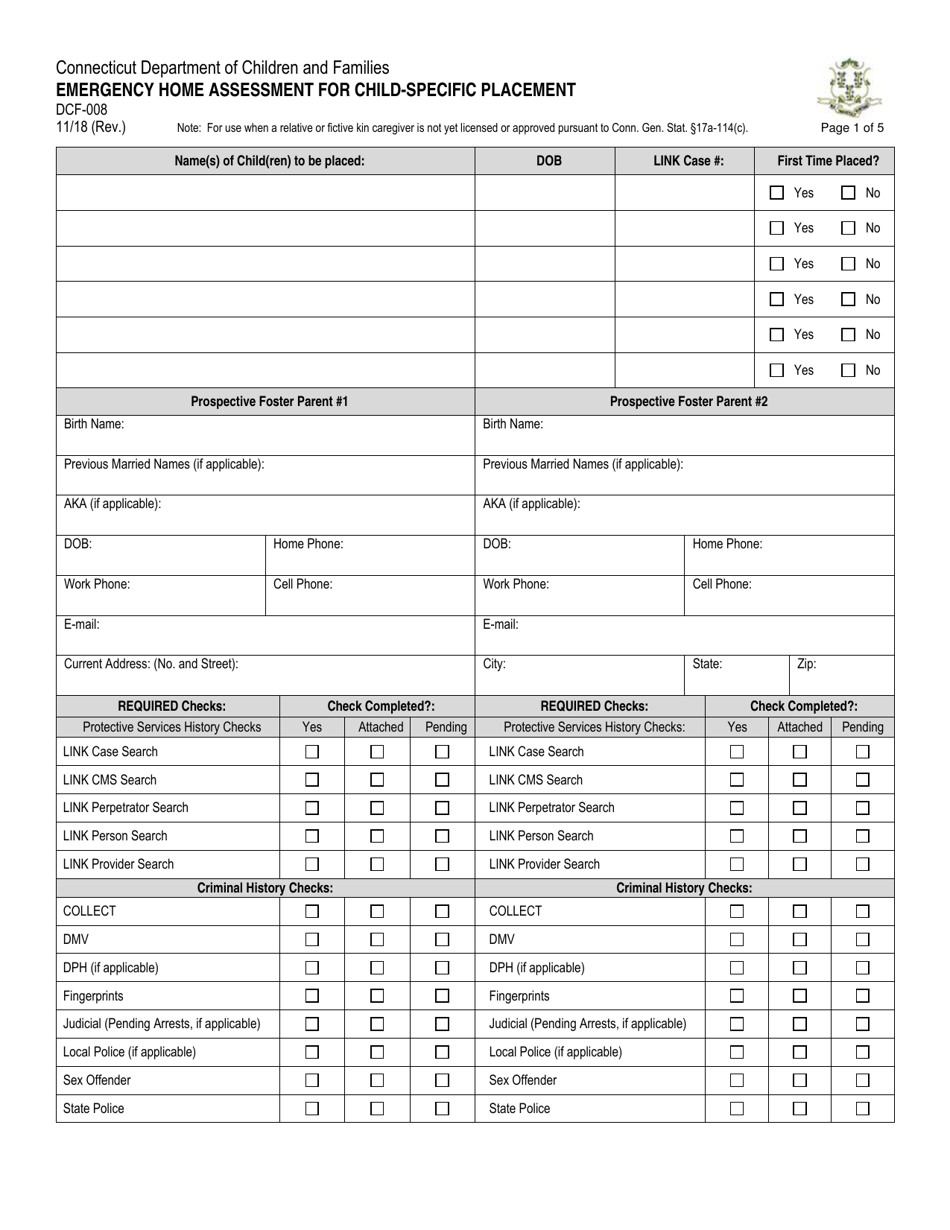 Form DCF-008 Emergency Home Assessment for Child-Specific Placement - Connecticut, Page 1