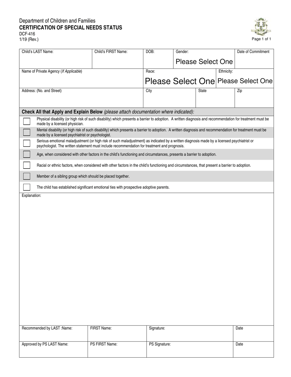 Form DCF-416 Certification of Special Needs Status - Connecticut, Page 1