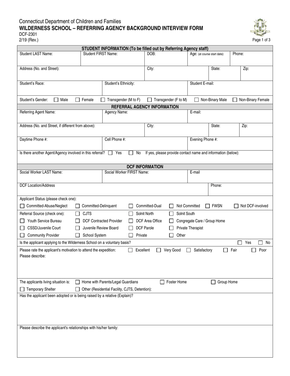 Form DCF-2301 Wilderness School - Referring Agency Background Interview Form - Connecticut, Page 1