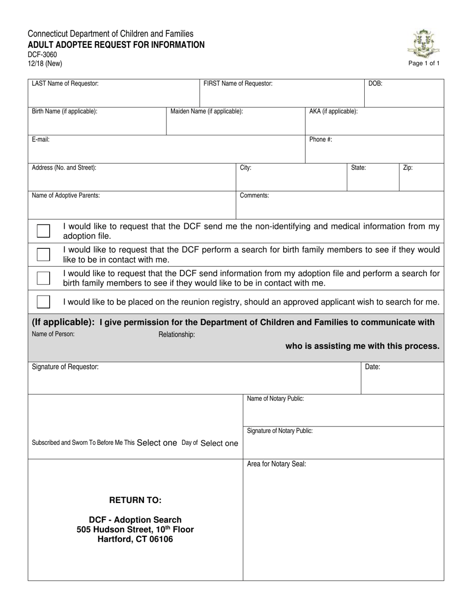 Form DCF-3060 Adult Adoptee Request for Information - Connecticut, Page 1