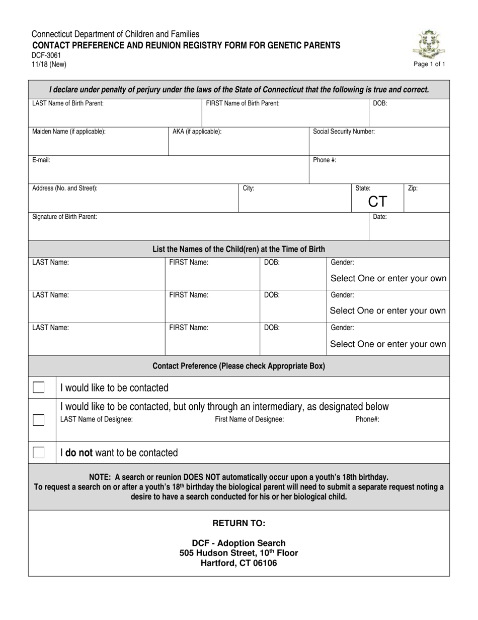 Form DCF-3061 Contact Preference and Reunion Registry Form for Genetic Parents - Connecticut, Page 1