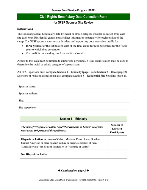 Civil Rights Beneficiary Data Collection Form for Sfsp Sponsor Site Review - Connecticut Download Pdf