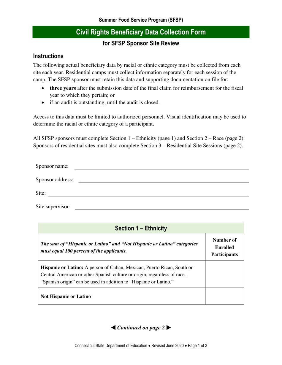 Civil Rights Beneficiary Data Collection Form for Sfsp Sponsor Site Review - Connecticut, Page 1