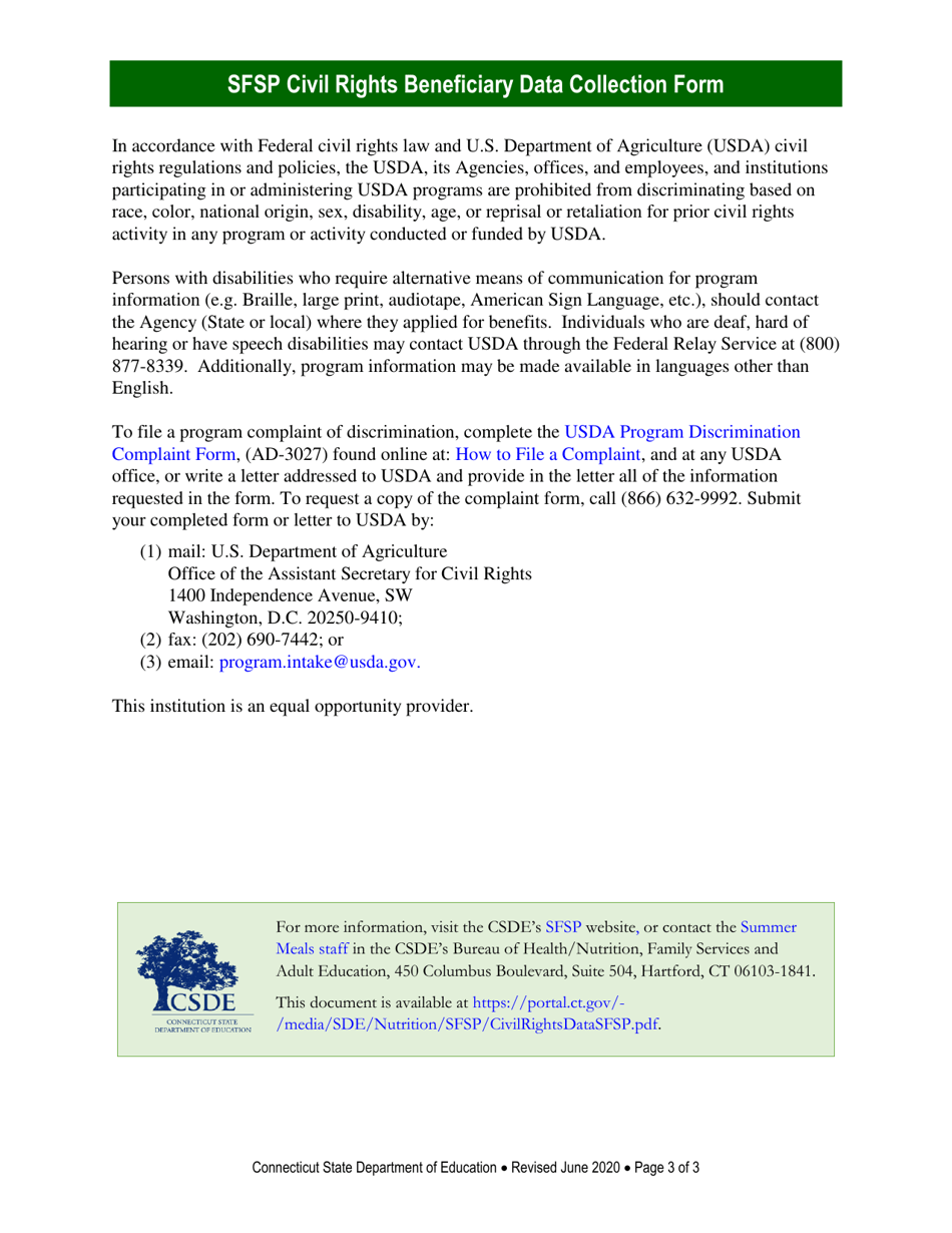 Civil Rights Beneficiary Data Collection Form for Sfsp Sponsor Site Review - Connecticut, Page 3