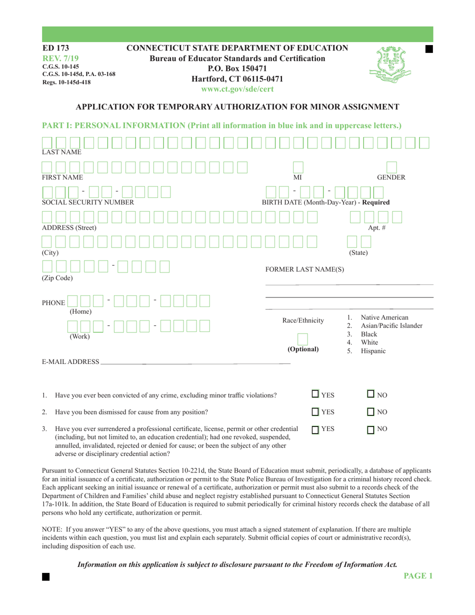 Form ED173 Application for Temporary Authorization for Minor Assignment - Connecticut, Page 1