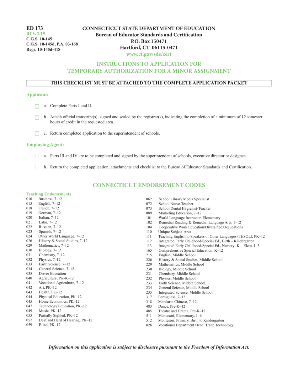 Form ED173 Application for Temporary Authorization for Minor Assignment - Connecticut, Page 3