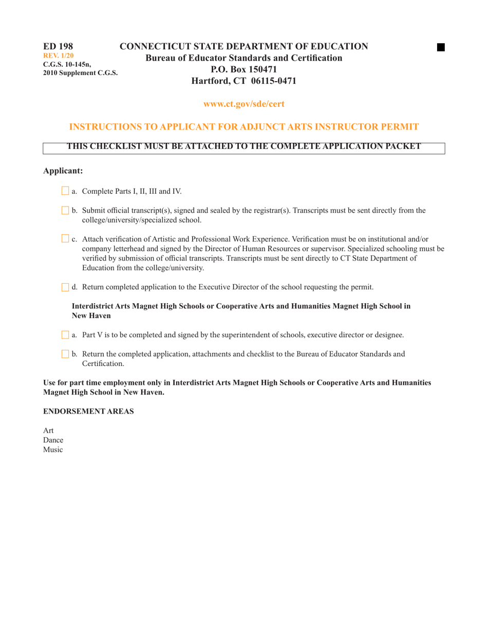 Form ED198 Adjunct Arts Instruction Permit - Connecticut, Page 3