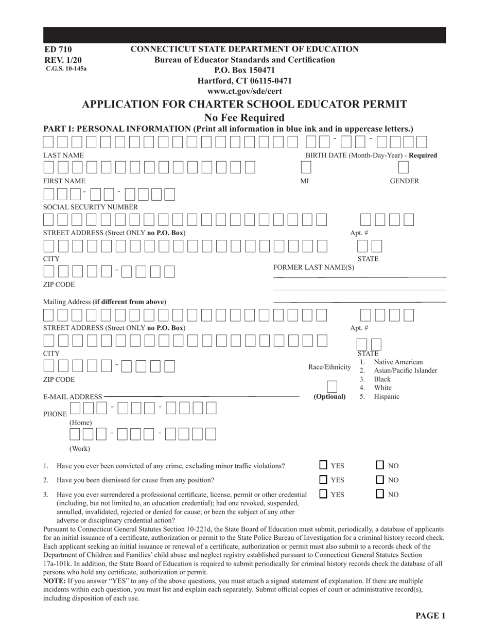 Form ED710 Application for Charter School Educator Permit - Connecticut, Page 1