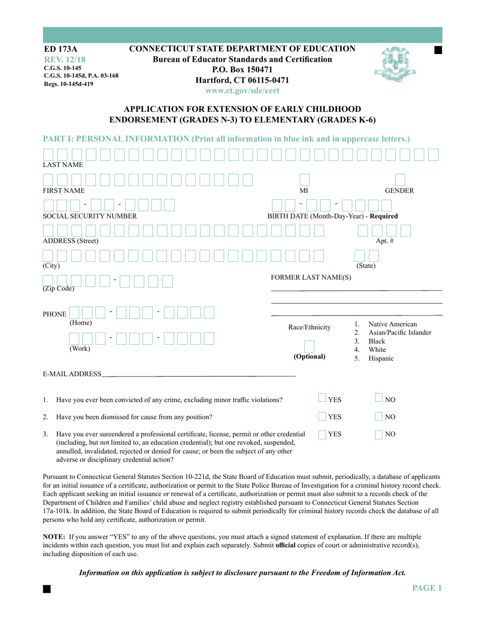 Form ED173A Application for Extension of Early Childhood Endorsement (Grades N-3) to Elementary (Grades K-6) - Connecticut, Page 1