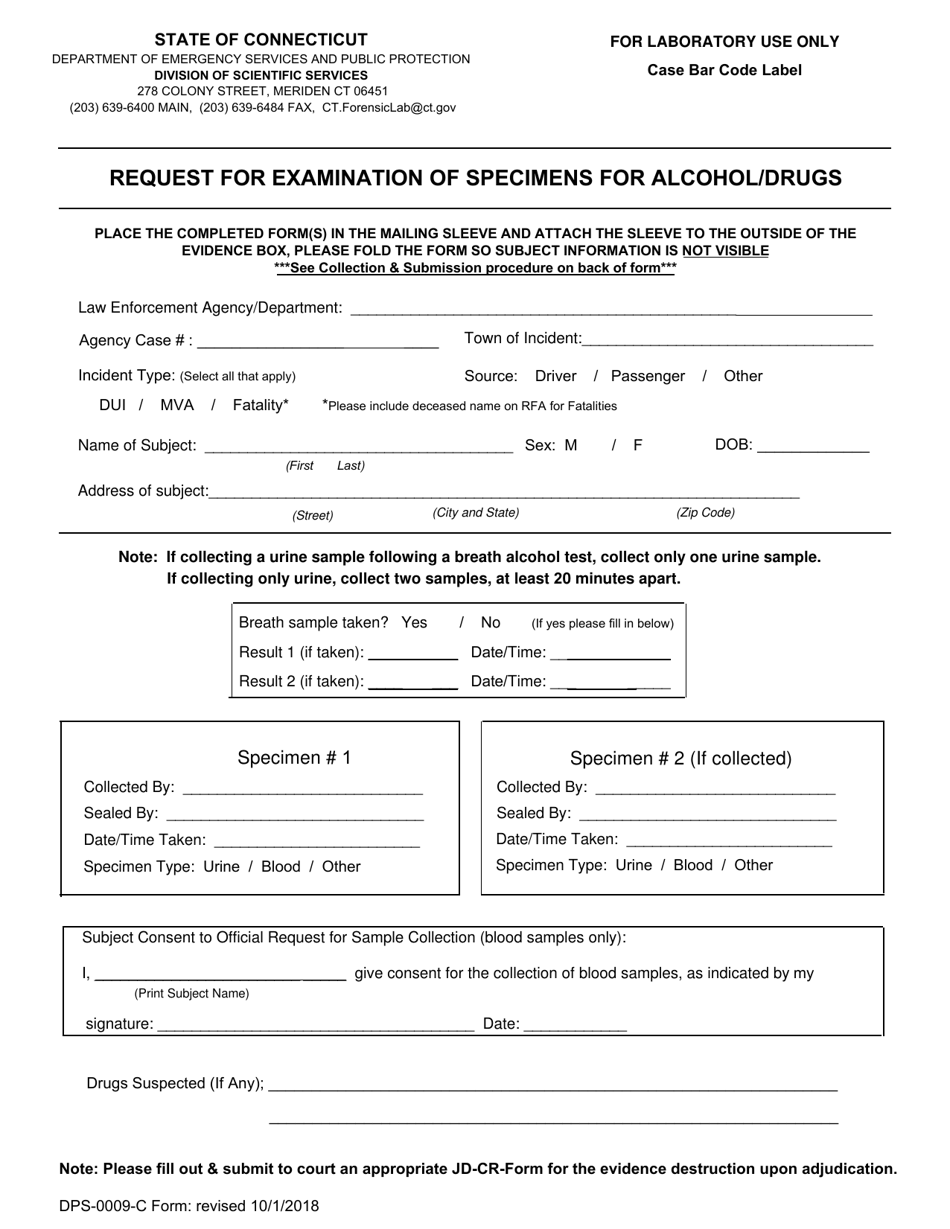 Form DPS-0009-C Request for Examination of Specimens for Alcohol / Drugs - Connecticut, Page 1