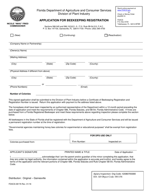 Form FDACS-08176 Application for Beekeeping Registration - Florida