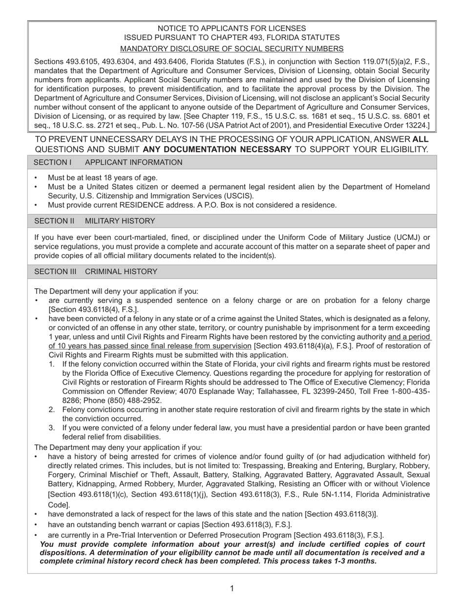 Form FDACS-16008 Application for Class g Statewide Firearm License - Florida, Page 2