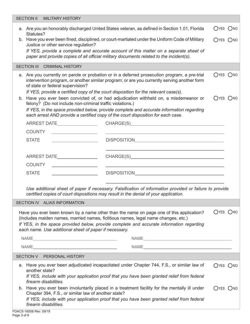 Form FDACS16008 Download Printable PDF or Fill Online Application for