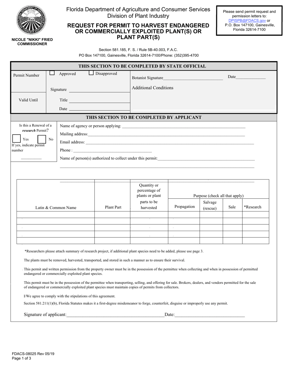 Form FDACS-08025 Request for Permit to Harvest Endangered or Commercially Exploited Plant(S) or Plant Part(S) - Florida, Page 1