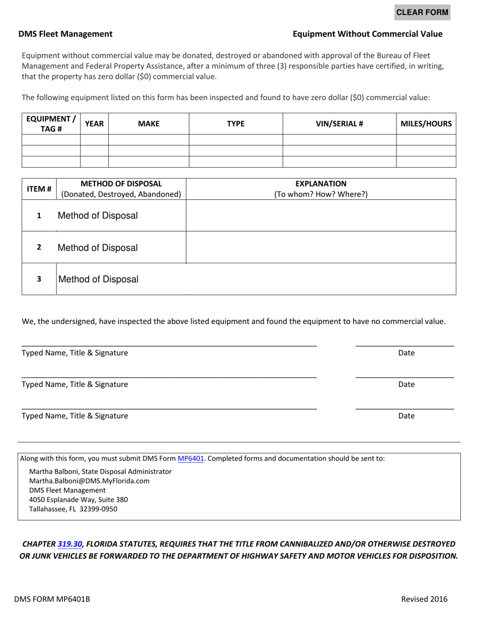 DMS Form MP6401B Request for Disposal of Equipment Without Commercial Value - Florida, Page 1