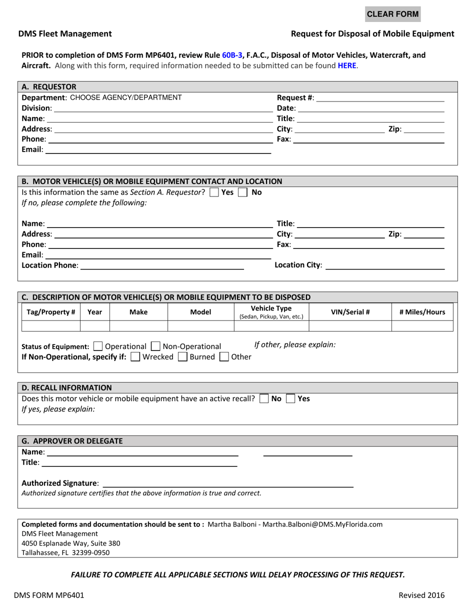 DMS Form MP6401 Request for Disposal of Mobile Equipment - Florida, Page 1