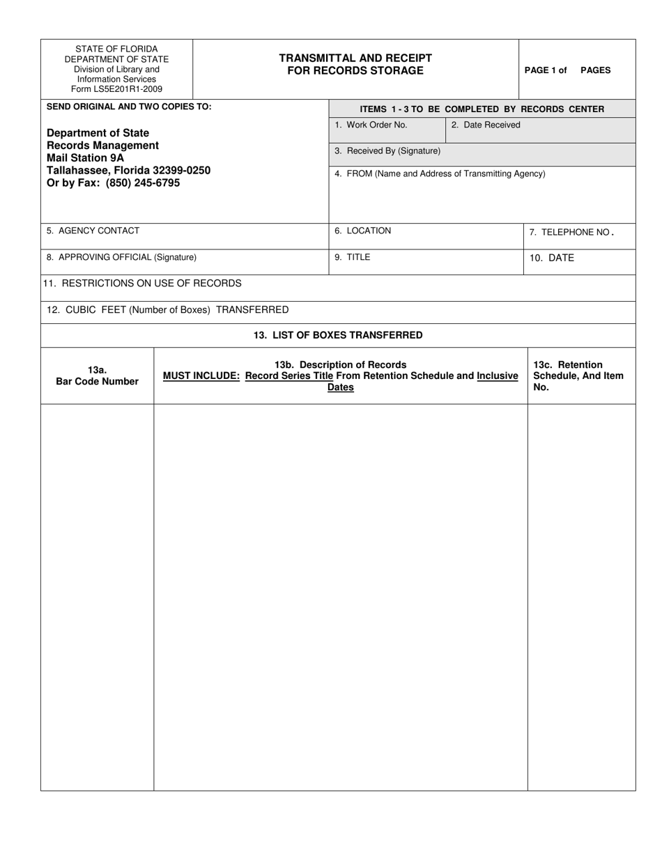 Form LS5E201R1 Transmittal and Receipt for Records Storage - Florida, Page 1