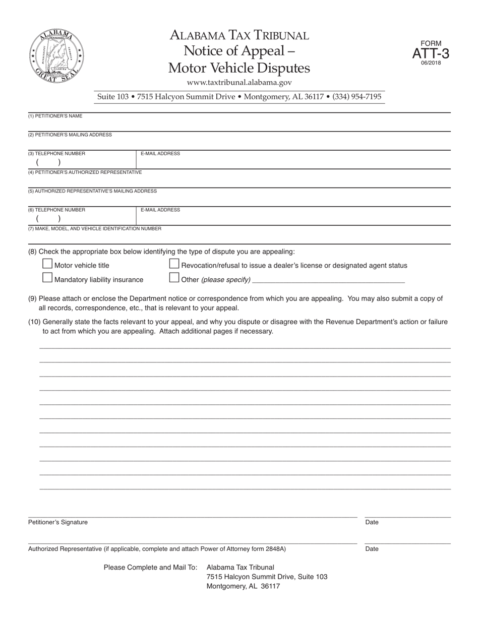 Form ATT-3 Notice of Appeal - Motor Vehicle Disputes - Alabama, Page 1