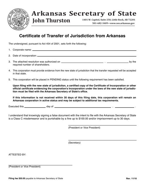 Certificate of Transfer of Jurisdiction From Arkansas - Arkansas Download Pdf