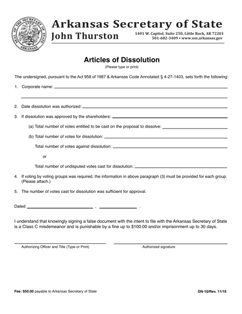 Form DN-10 Articles of Dissolution - Arkansas