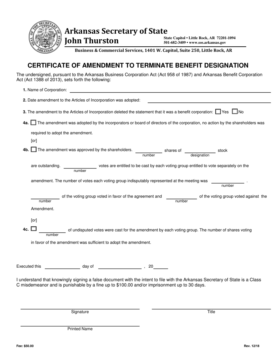Certificate of Amendment to Terminate Benefit Designation - Arkansas, Page 1