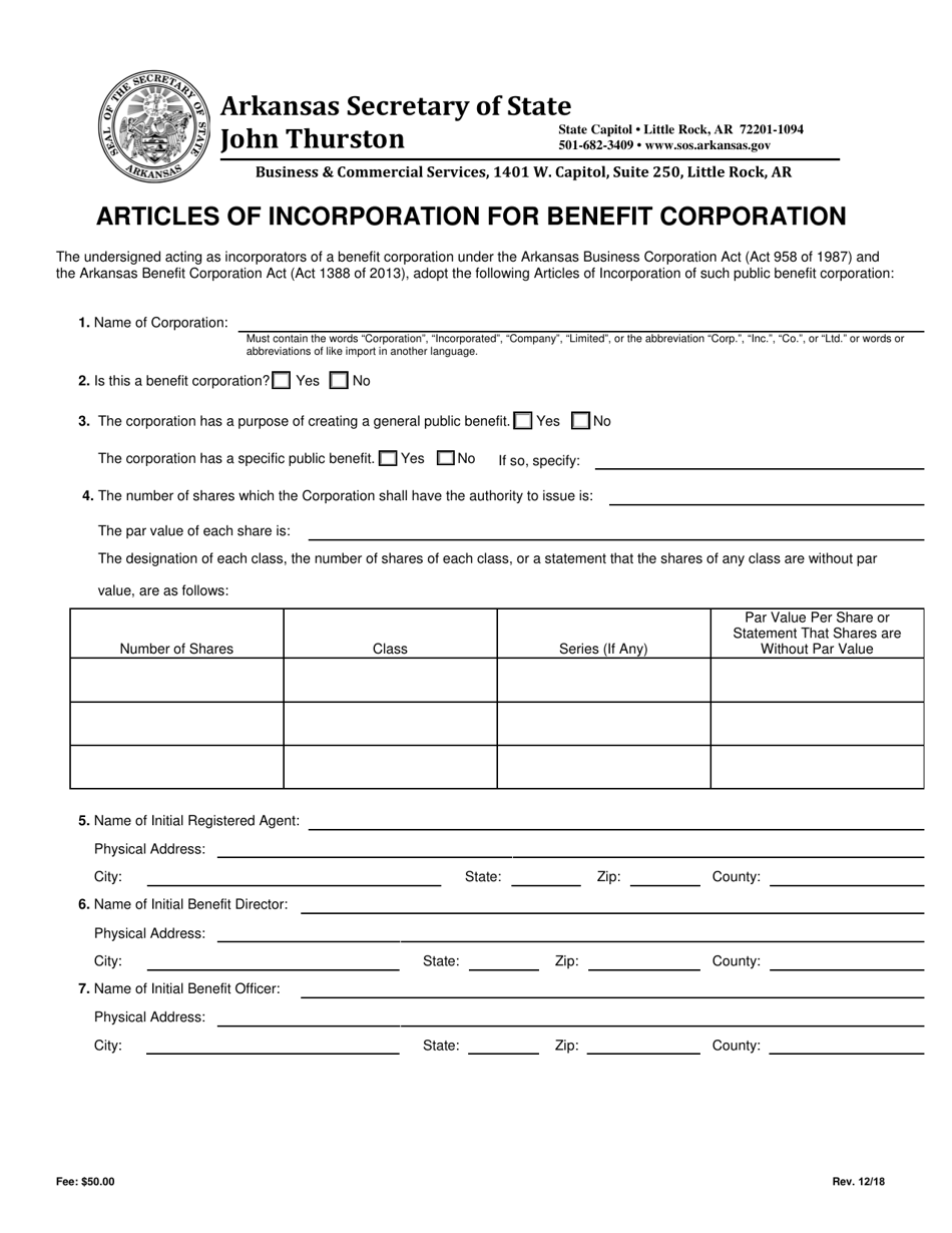 Arkansas Articles of Incorporation for a Benefit Corporation Fill Out