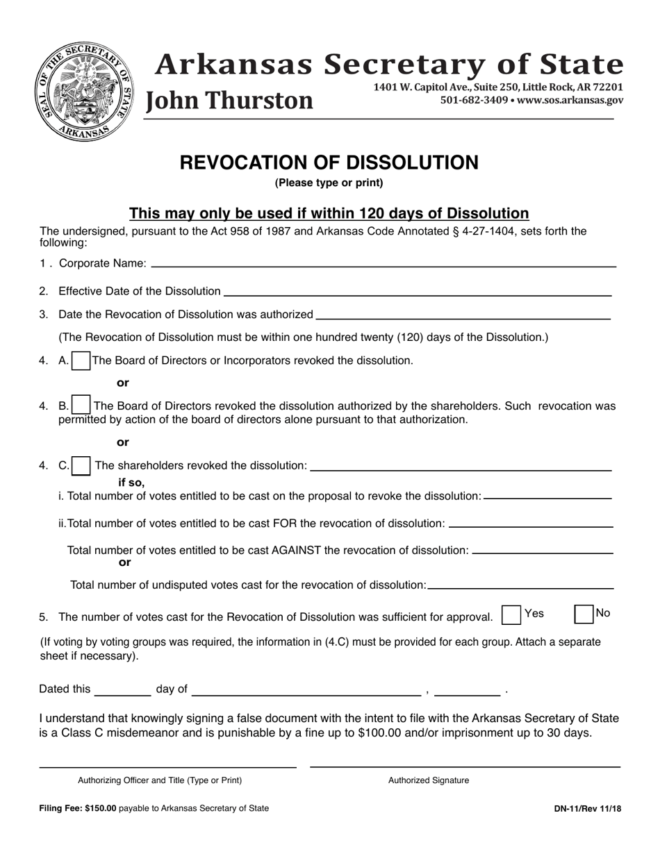 Form DN-11 Revocation of Dissolution - Arkansas, Page 1