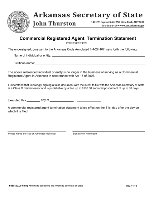 Form CRA-TS Commercial Registered Agent Termination Statement - Arkansas
