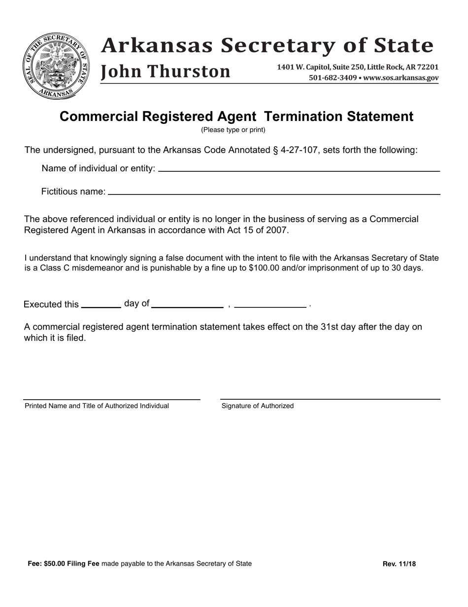 Form CRA-TS Commercial Registered Agent Termination Statement - Arkansas, Page 1