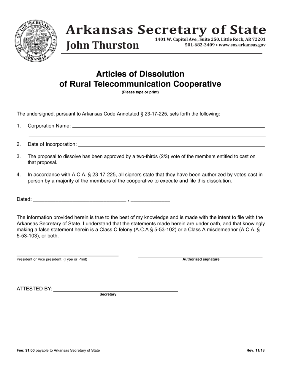Articles of Dissolution of Rural Telecommunication Cooperative - Arkansas, Page 1