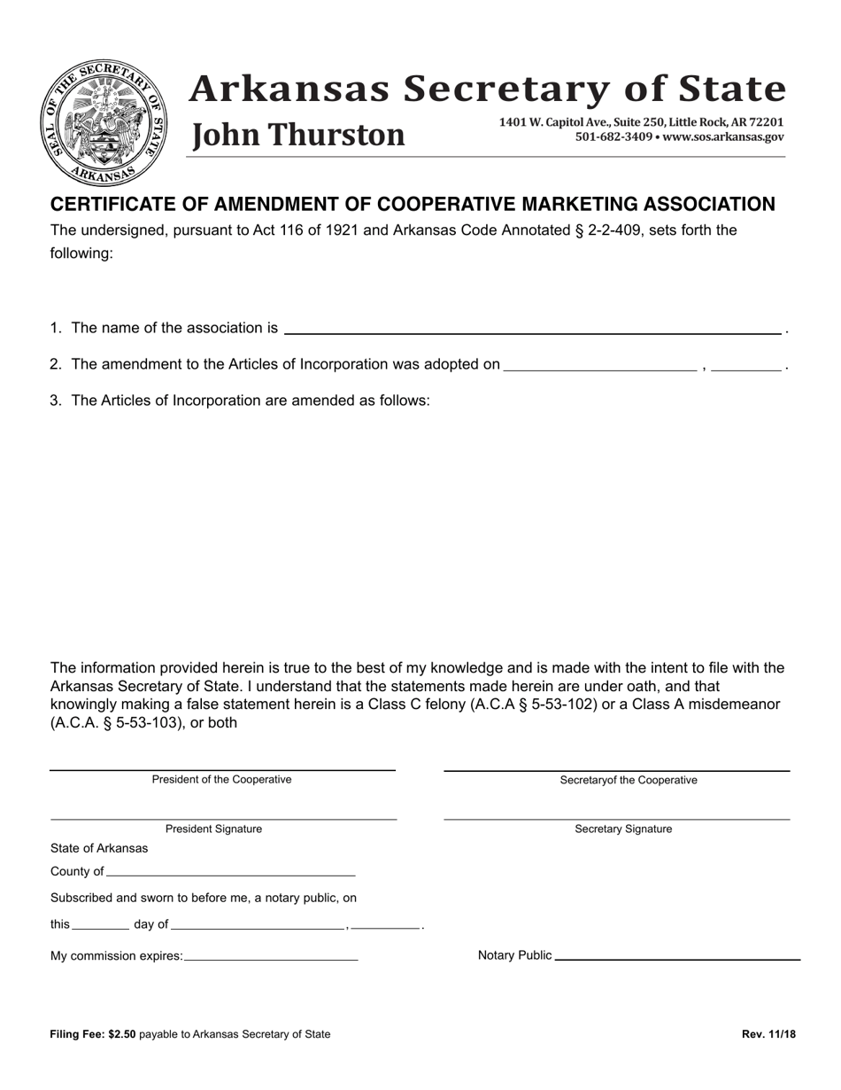 Certificate of Amendment of Cooperative Marketing Association - Arkansas, Page 1