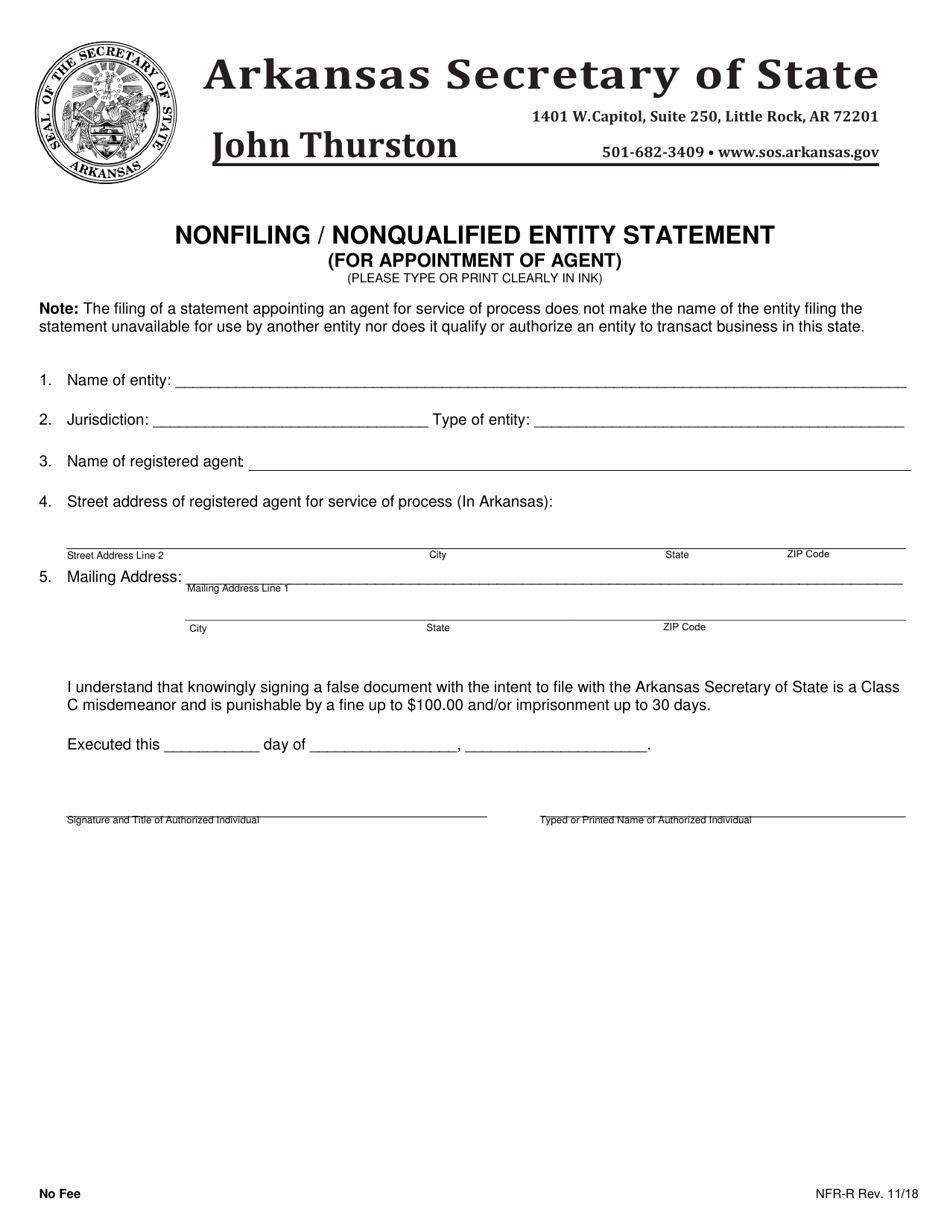 Nonfiling / Nonqualified Entity Statement (For Appointment of Agent) - Arkansas, Page 1