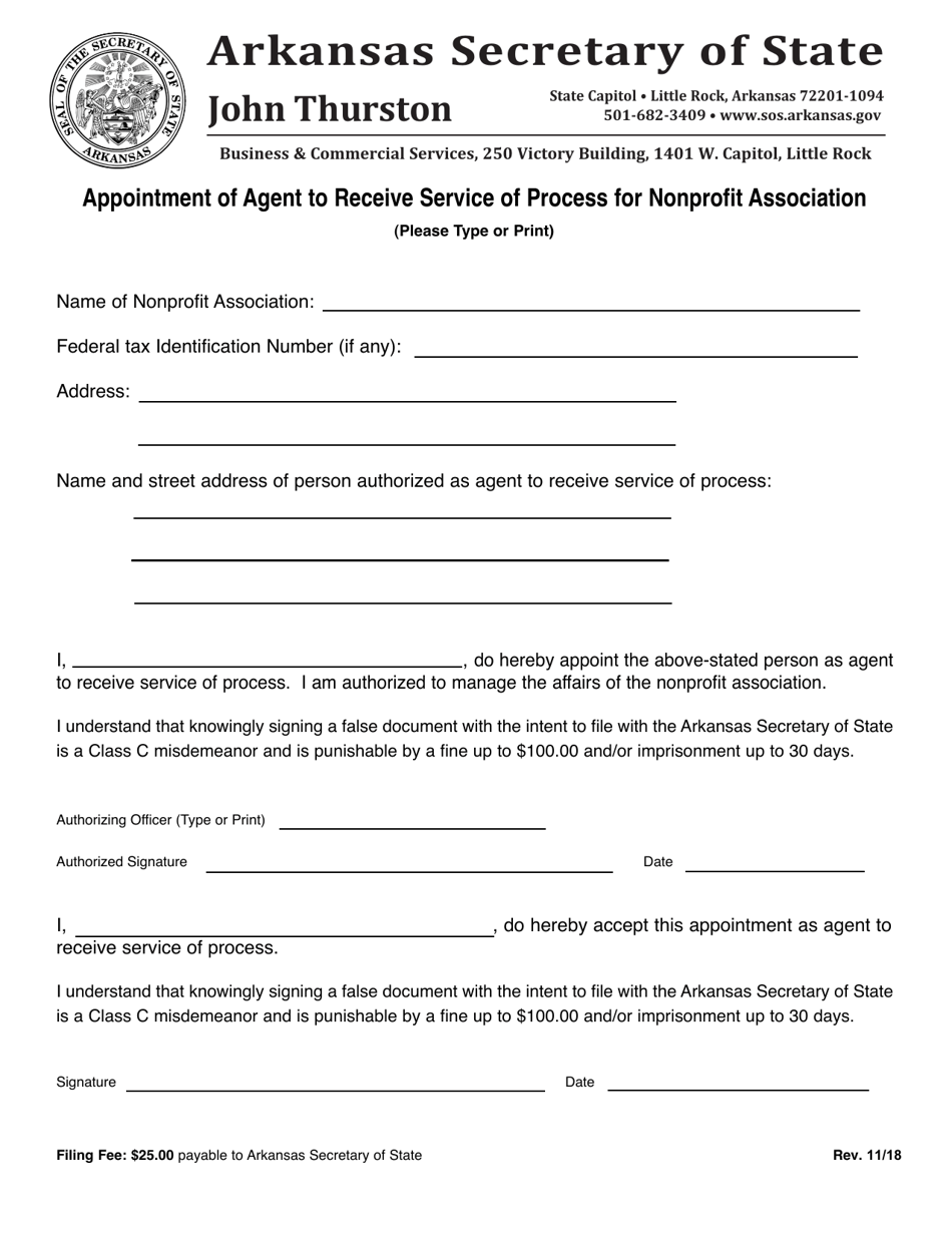 Appointment of Agent to Receive Service of Process for Nonprofit Association - Arkansas, Page 1