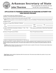 Application to Transfer Certificate of Franchise Authority for Video Service Provider - Arkansas