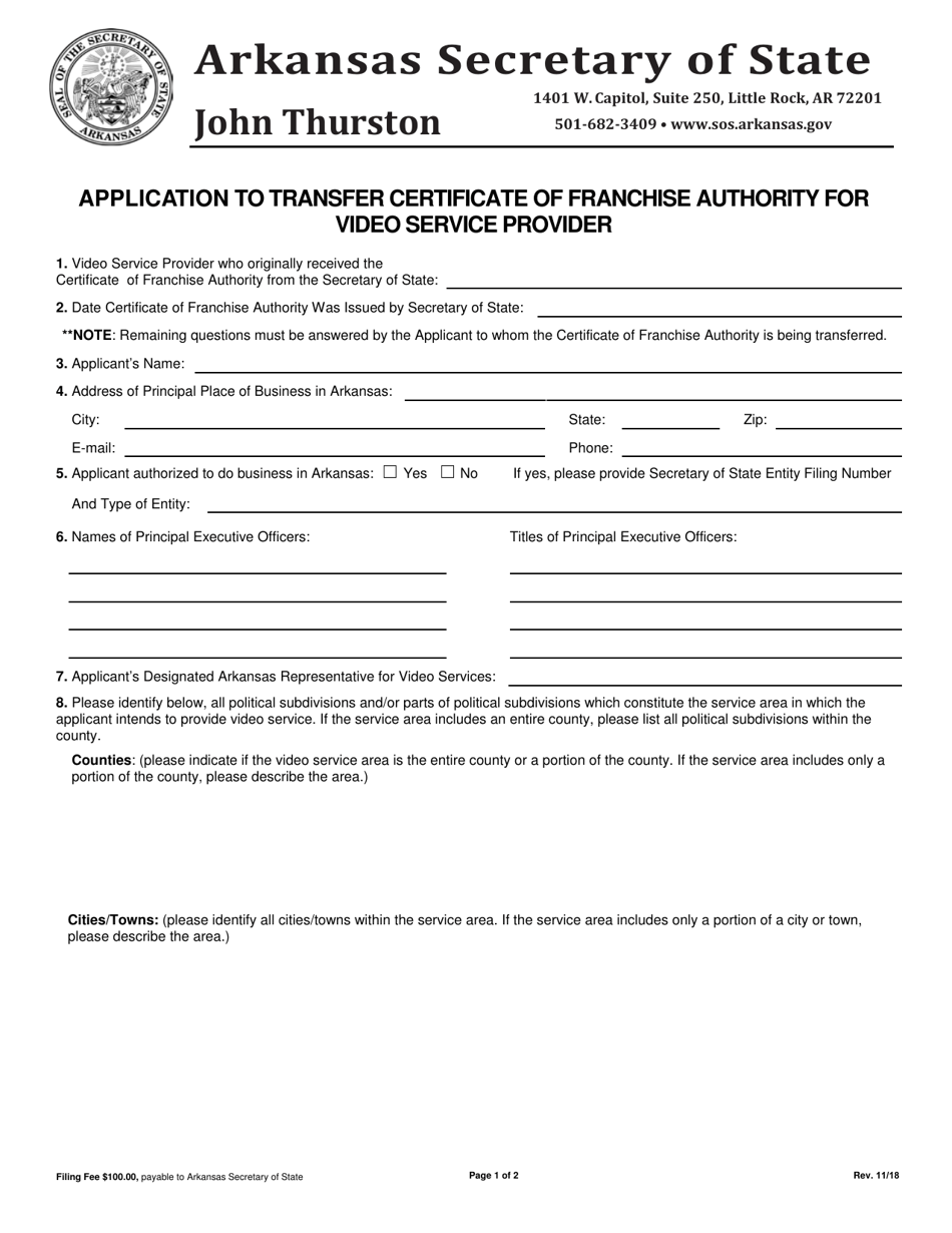 Application to Transfer Certificate of Franchise Authority for Video Service Provider - Arkansas, Page 1