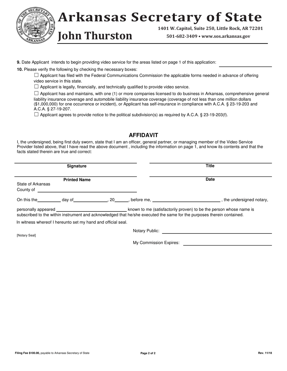 Application to Transfer Certificate of Franchise Authority for Video Service Provider - Arkansas, Page 2