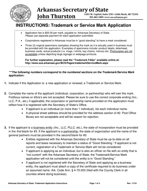 Instructions for Trademark and Service Mark Application - Arkansas Download Pdf