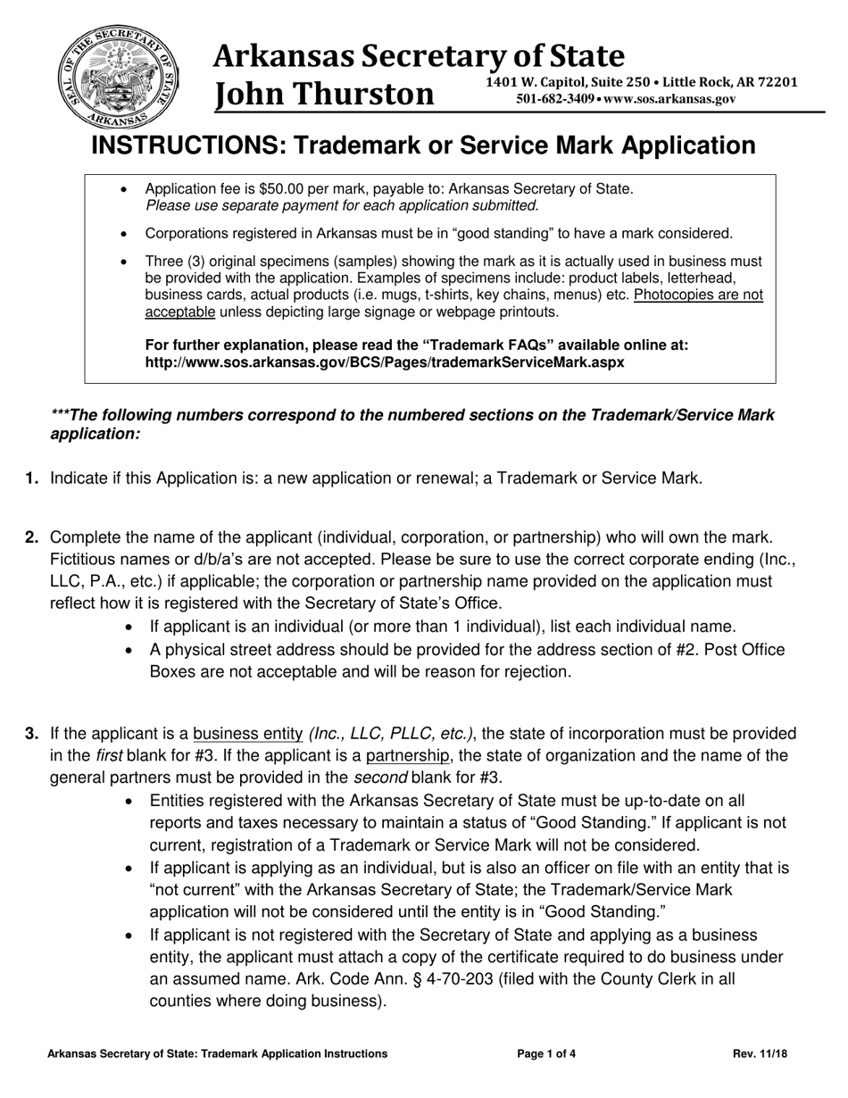 Instructions for Trademark and Service Mark Application - Arkansas, Page 1