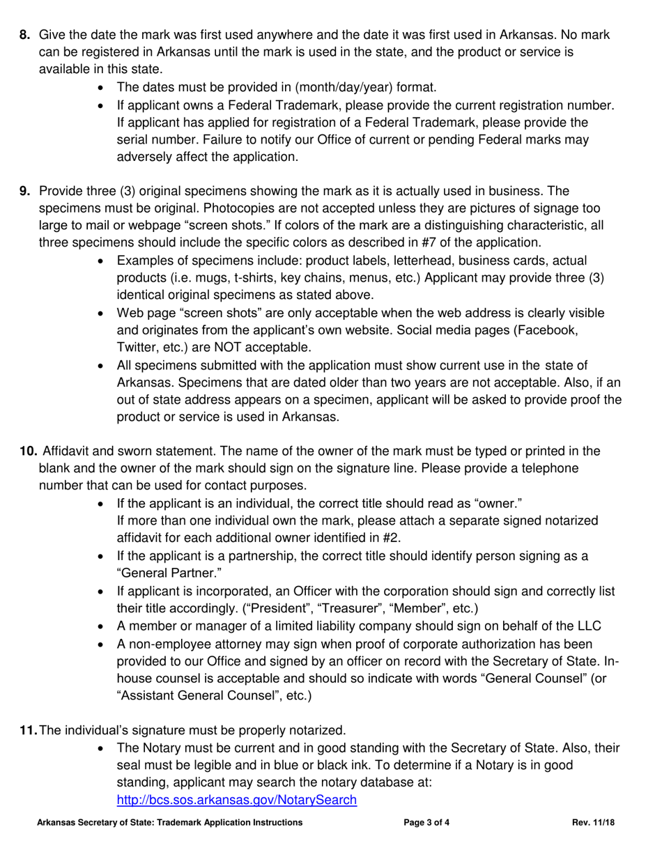 Instructions for Trademark and Service Mark Application - Arkansas, Page 3