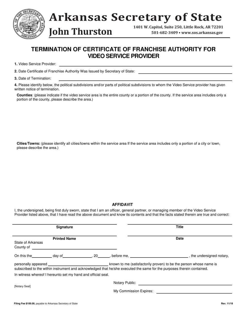 Termination of Certificate of Franchise Authority for Video Service Provider - Arkansas, Page 1