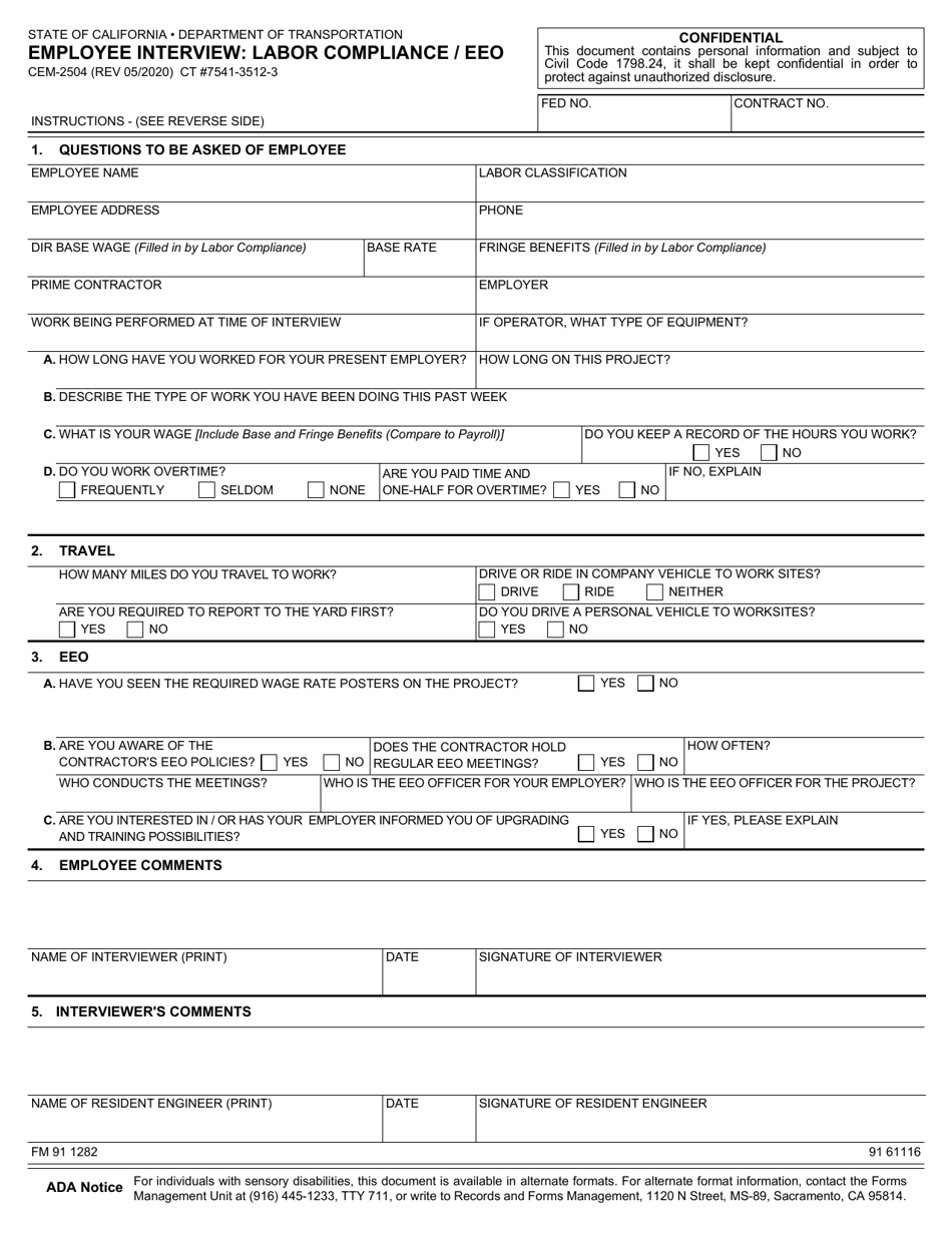 Form CEM-2504 Employee Interview: Labor Compliance / Eeo - California, Page 1