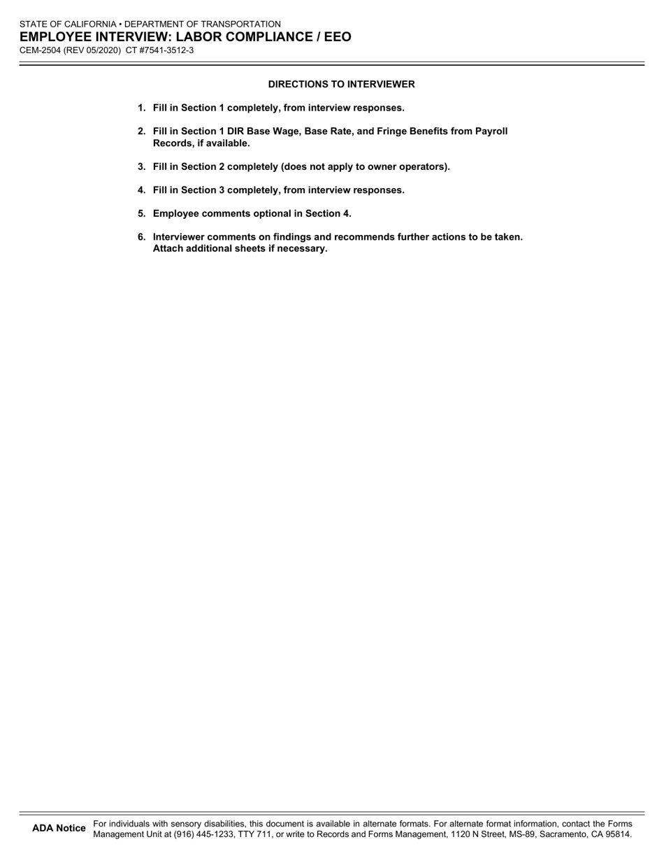 Form CEM-2504 Employee Interview: Labor Compliance / Eeo - California, Page 2