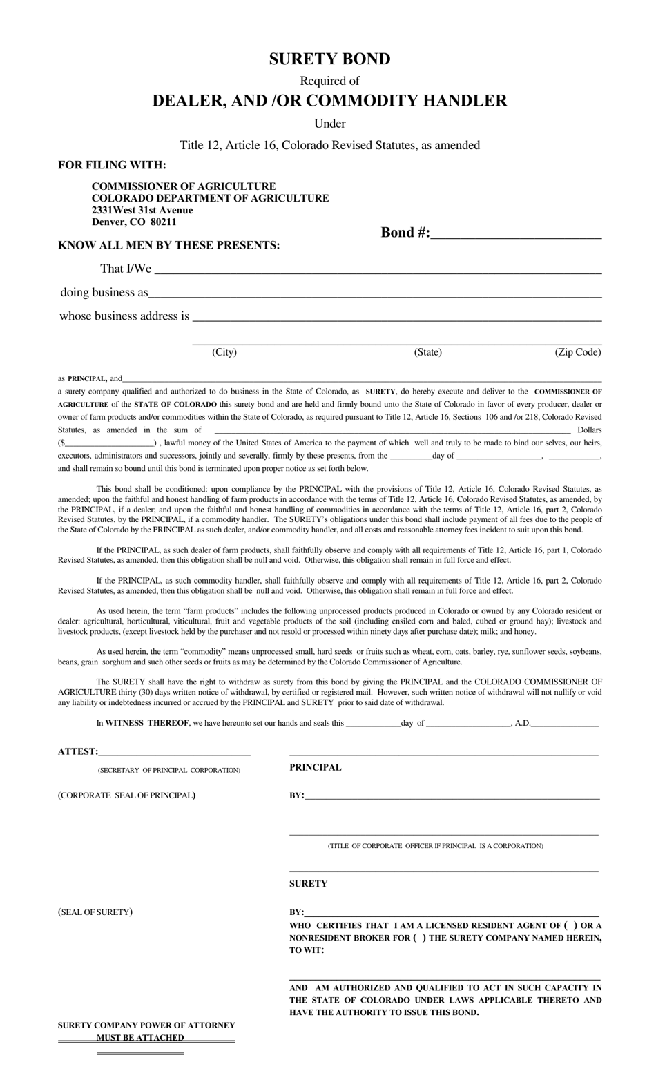 Surety Bond Required of Dealer, and / Or Commodity Handler - Colorado, Page 1