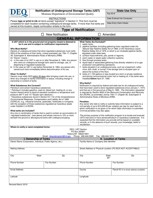 Notification of Underground Storage Tanks (Ust) - Montana Download Pdf