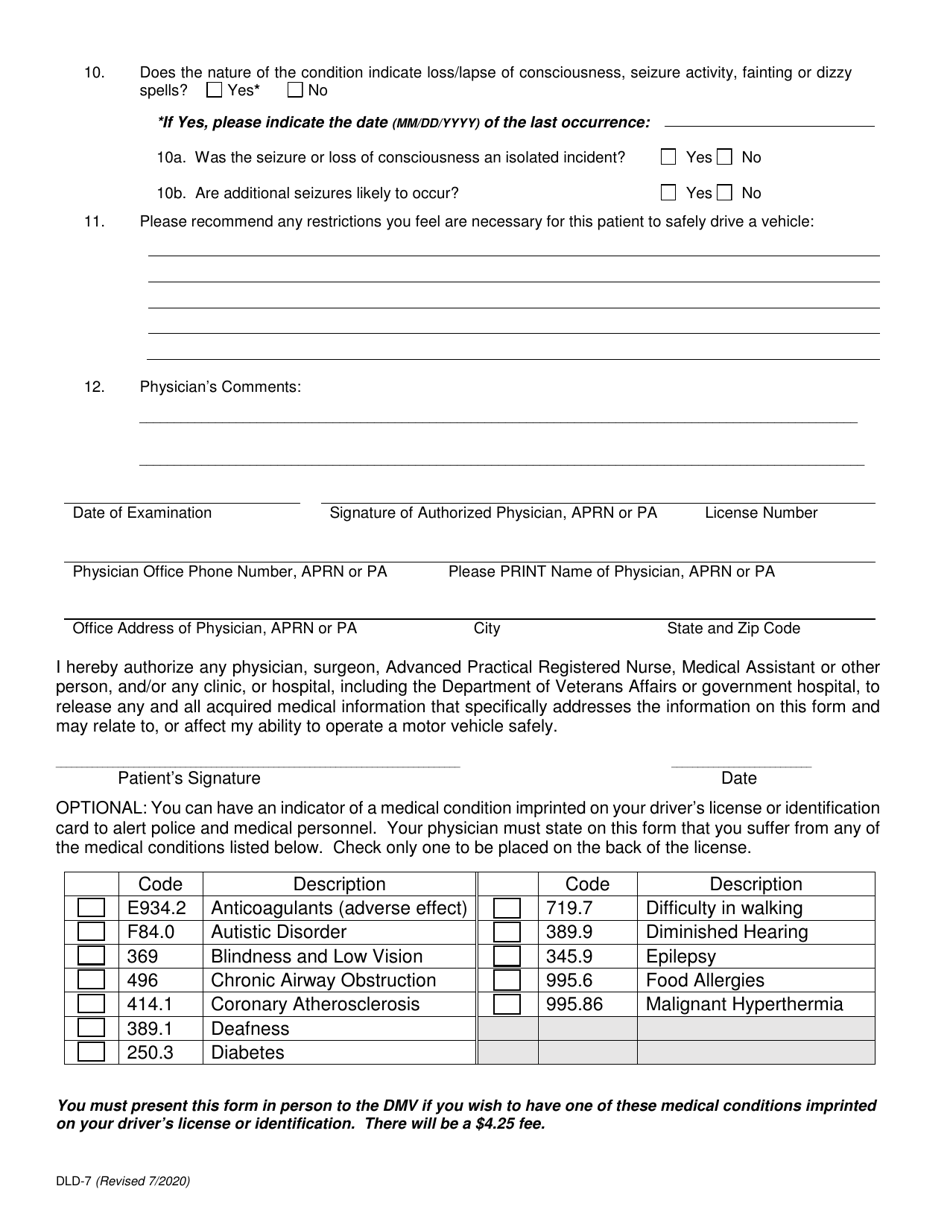 Form DLD-7 Confidential Physicians Report - Nevada, Page 2