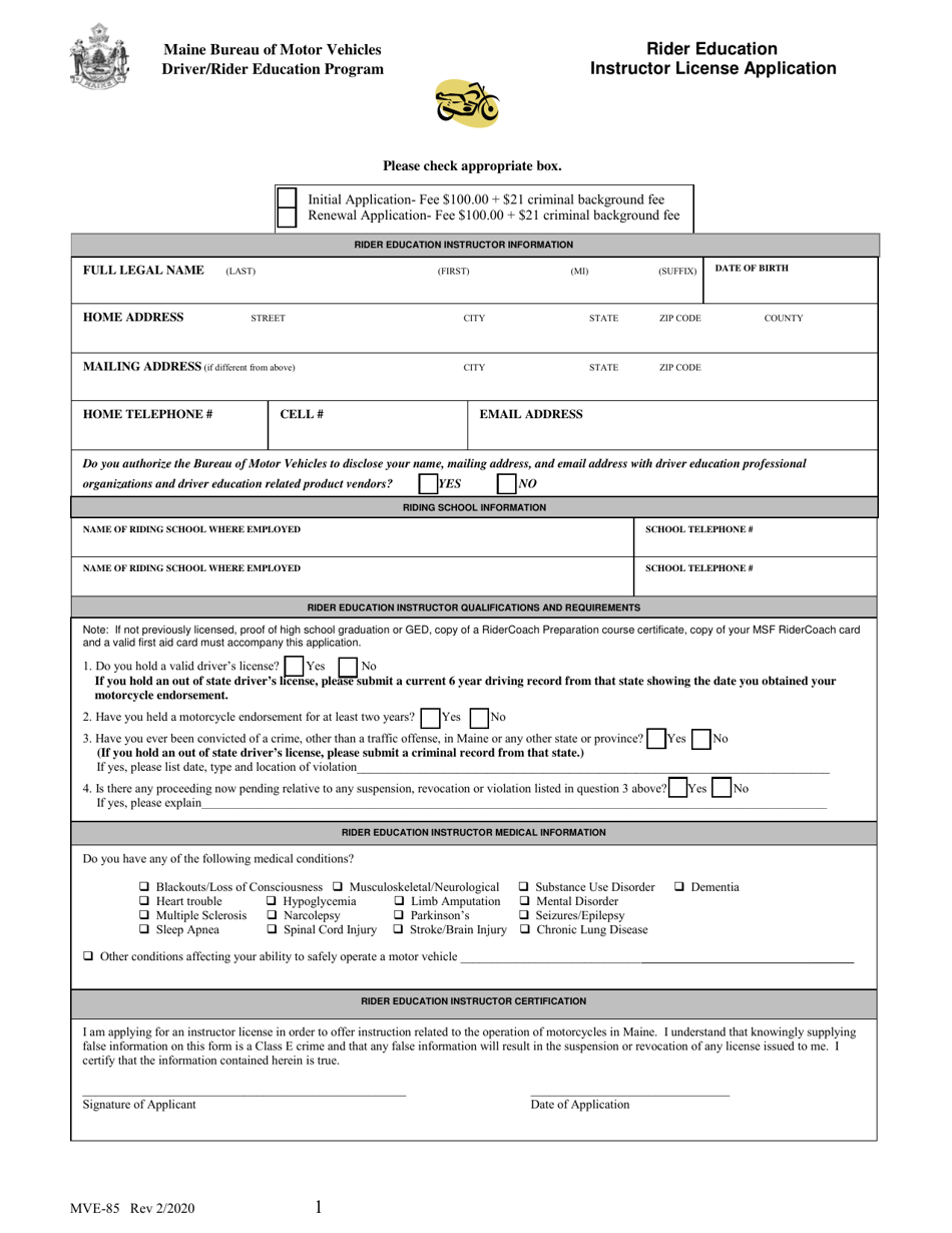 Form MVE-85 Rider Education Instructor License Application - Maine, Page 1